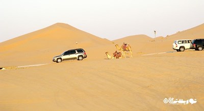 سرگرمی سواری با خودروی شاستی بلند در تپه های شنی شهر امارات متحده عربی کشور ابوظبی